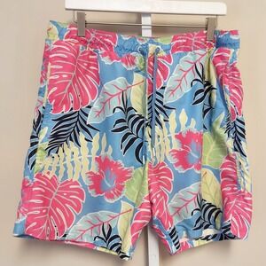 Surf Society Mens XL Tropical Hawaiian Print Swim Trunks Blue Pink Floral Shorts